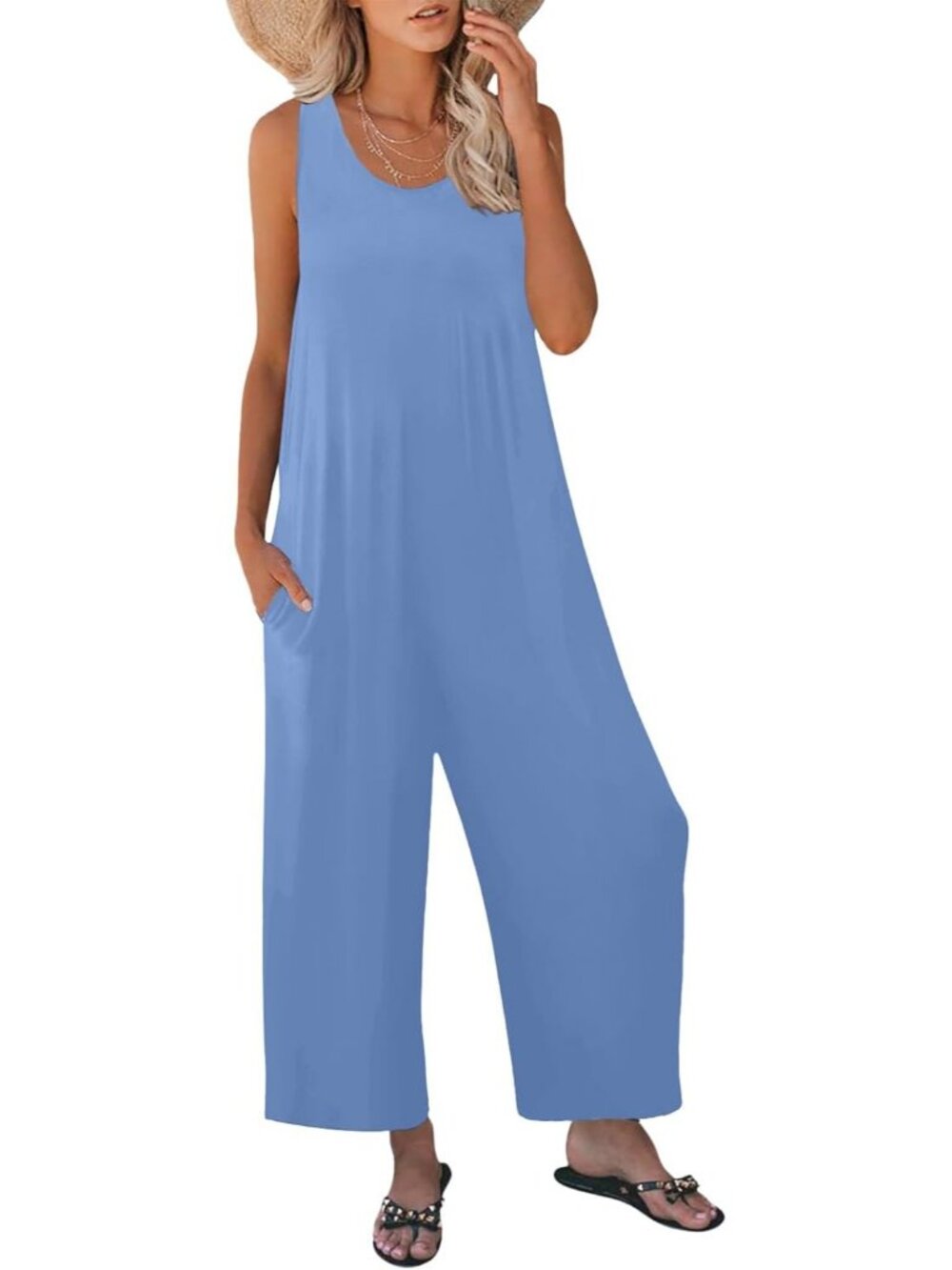Women's Sky Blue Casual Loose Tank Sleeveless Crewneck Long Pant Romper